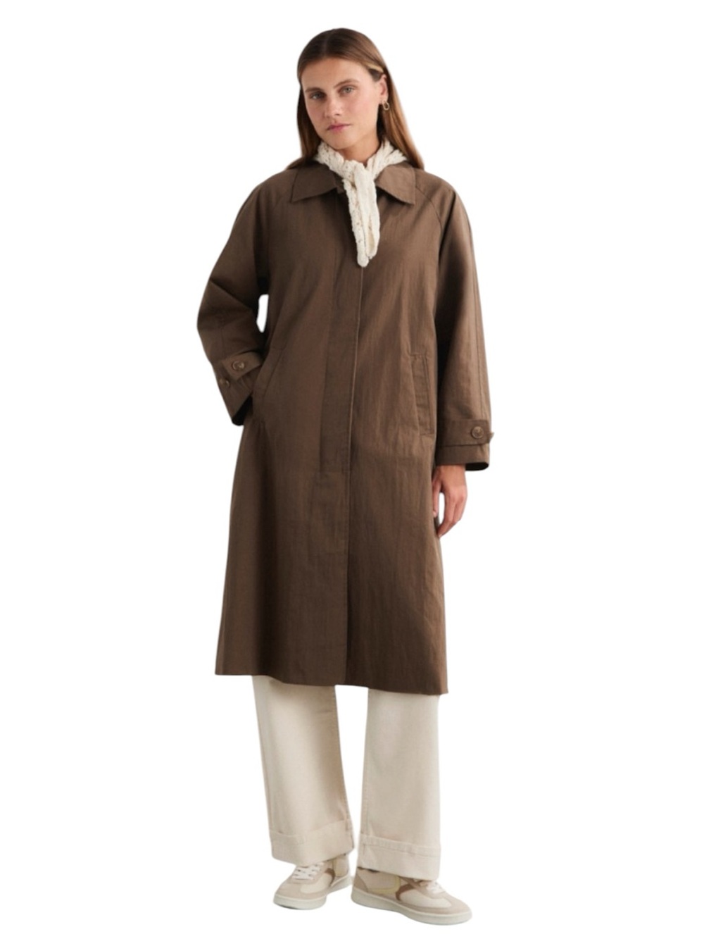 NWT Mus & Bombon Aelia Trench Coat Brown Striped Lined Long Jacket Size Small